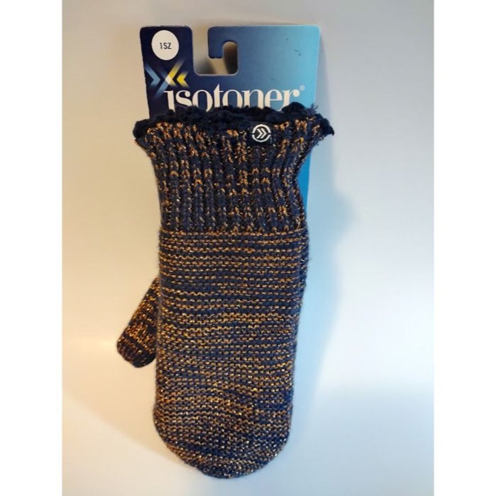 NEW ISOTONER One Size Warm Blue Gold Metallic Mittens Gloves
